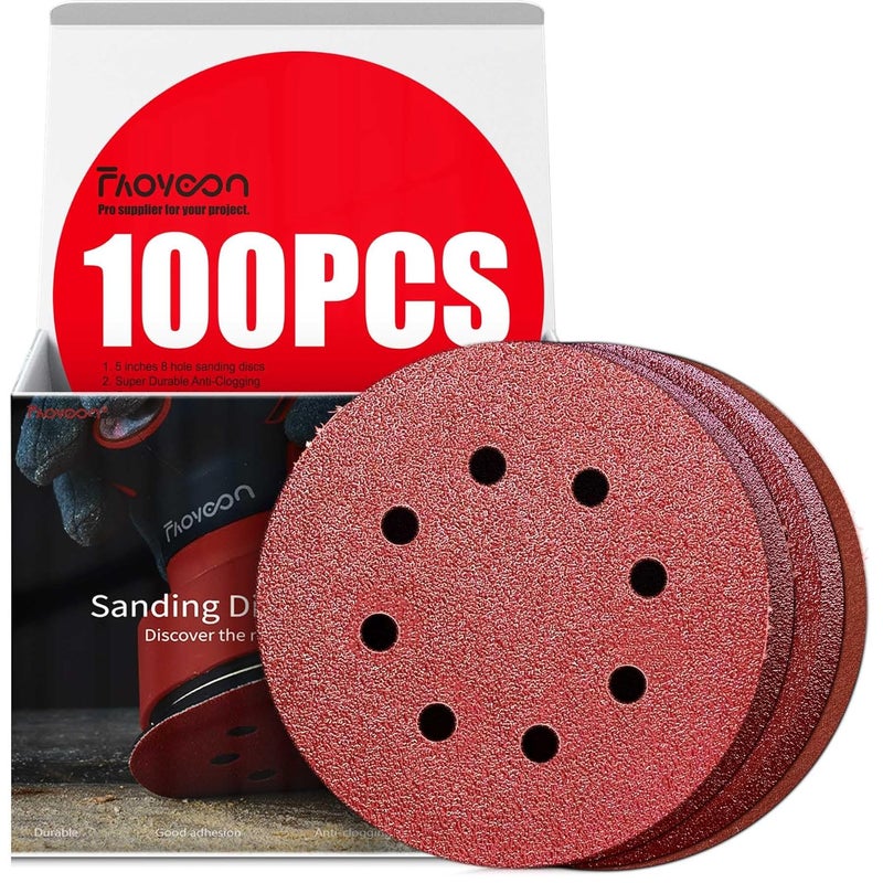 Faoyoon Sanding Disc 5 Inch 8 Hole, 100 Pcs Orbital Sanding Discs Hook and Loop, Sandpaper for Wood, 40 60 80 120 220 Grit Sand Paper for Random Orbital Sander - Image 1